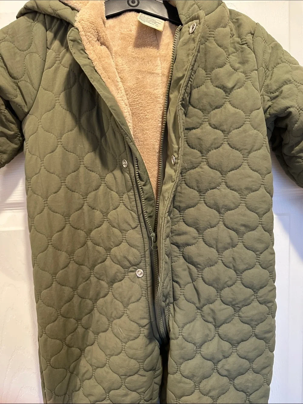 First Impressions Olive Green Quilted Footed One-Piece with Hood